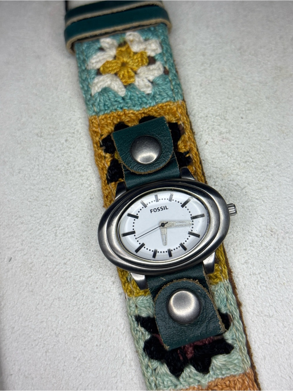 Fossil White Dial Watch with Teal, Mustard & Cream Crochet Leather Band